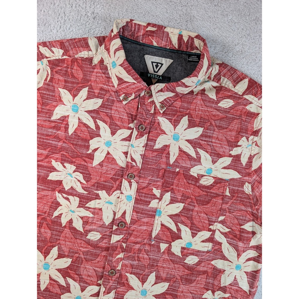 Vissla Mens Floral Tropical Button Down Shirt Red Short Sleeve Large M506CCOB